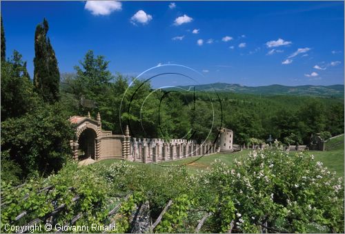 "LA SCARZUOLA E LA CITTA' BUZZIANA"
Montegabbione (TR)
A fianco del convento Francescano della Scarzuola, l'architetto Tommaso Buzzi nel 1956 progett ed edific la sua "Citt Ideale", concepita come una Grande Macchina Teatrale piena di simbolismi ed allegorie.
Porta con bandiera, Scala della Vita ed in fondo la Torre della Meditazione o della Solitudine
visti dal Giardino Bianco