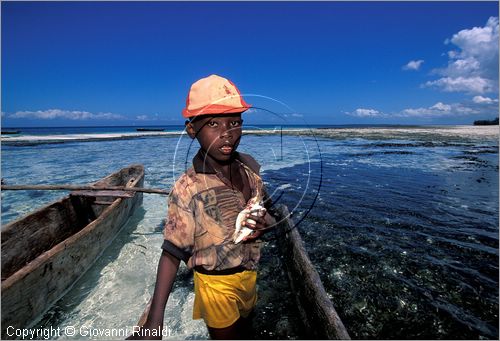 TANZANIA - ZANZIBAR  (Oceano Indiano) - Kizimkazi (estremit sud dell'isola) - un bambino con il suo piccolo bottino di pesca